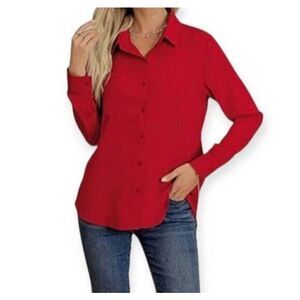 AISEW Red Womens Casual Button Down Shirts V Neck Chiffon Long Sleeve SZ.L NWT.